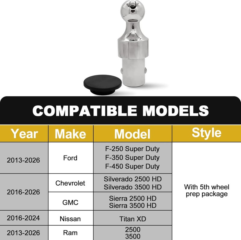 FHRHRY 2-5/16 Inch Puck System Gooseneck Hitch Ball, Compatible with 2013-2026 Ford F250 F350 F450, 2016-2026 Chevrolet Silverado, GMC Sierra, Nissan Titan XD & 2013-2026 Dodge RAM 2500 3500, Replace# 60629 - Image 2